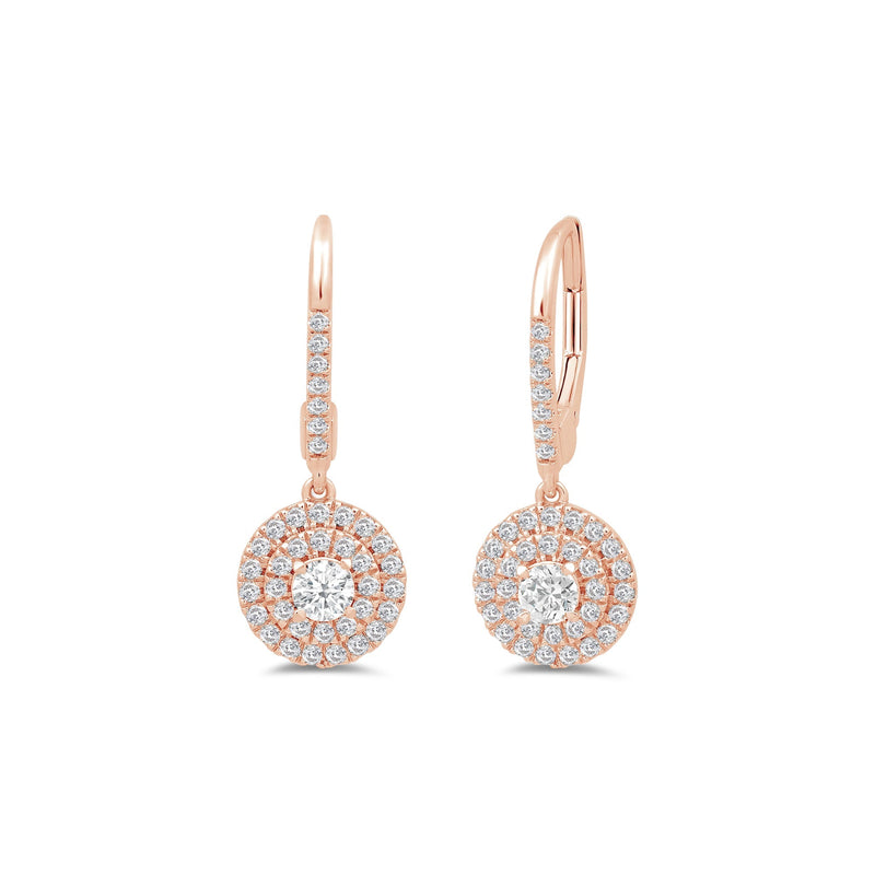 Double Halo Round Drop Studded Lever Back Earrings