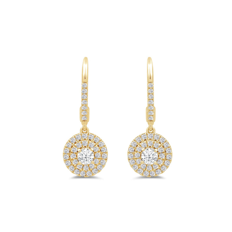 Double Halo Round Drop Studded Lever Back Earrings