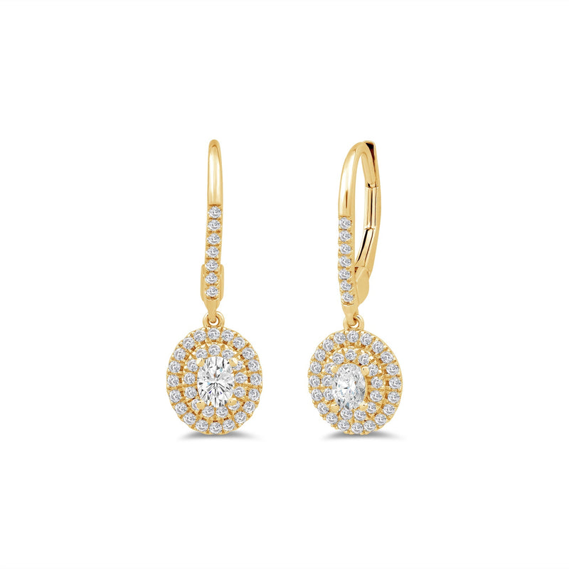 Double Halo Oval Drop Studded Lever Back Earrings