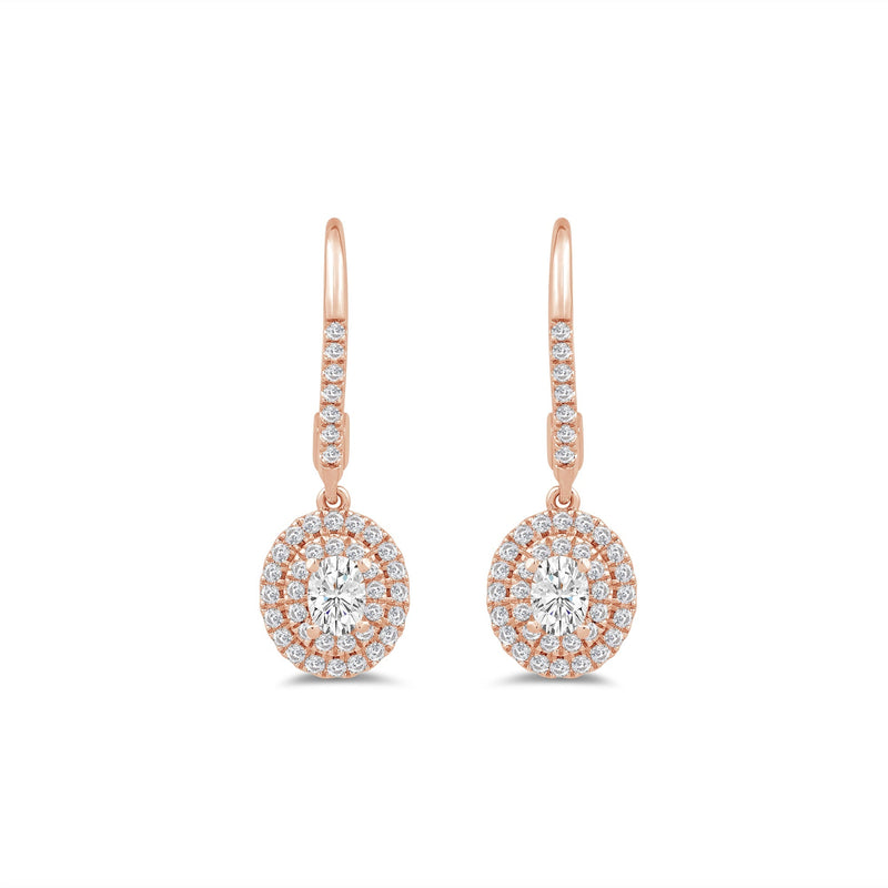 Double Halo Oval Drop Studded Lever Back Earrings