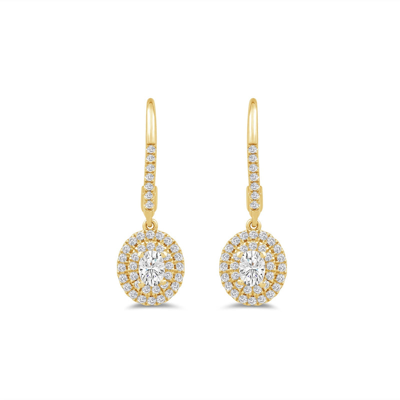 Double Halo Oval Drop Studded Lever Back Earrings