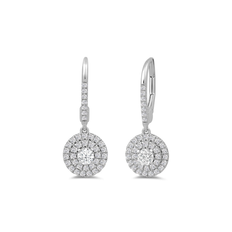 Double Halo Round Drop Studded Lever Back Earrings
