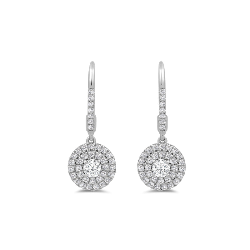 Double Halo Round Drop Studded Lever Back Earrings