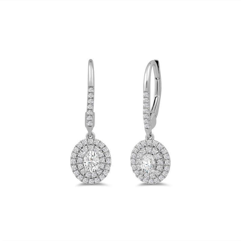 Double Halo Oval Drop Studded Lever Back Earrings