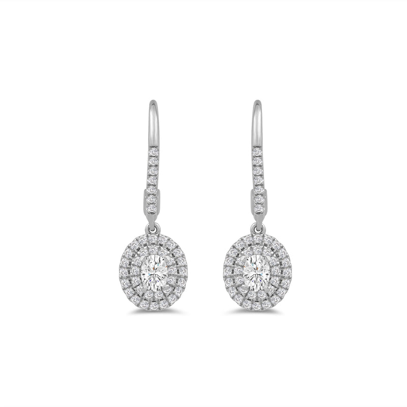 Double Halo Oval Drop Studded Lever Back Earrings