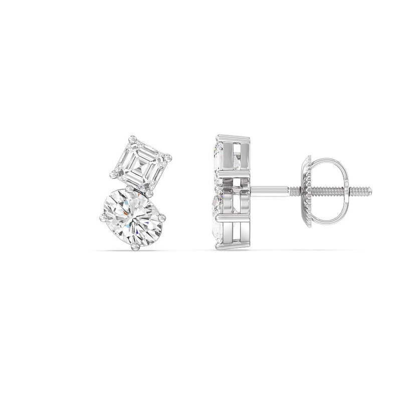Toi et Moi Square Emerald and Oval Diamond Stud Earrings