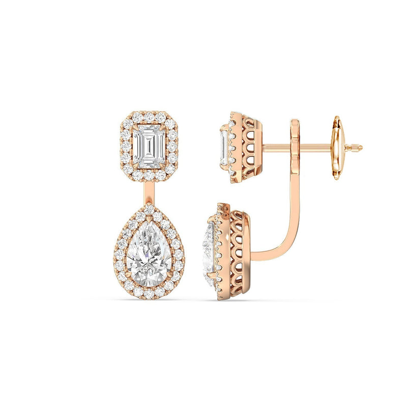 Toi et Moi Halo Emerald and Teardrop Front Back Earrings