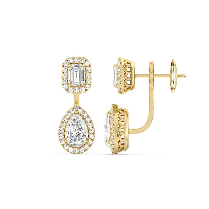 Toi et Moi Halo Emerald and Teardrop Front Back Earrings