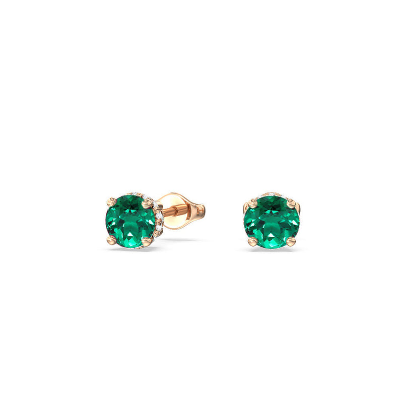 Round Shape Created Emerald and Lab Diamond Classic Solitaire Under-Halo Earrings