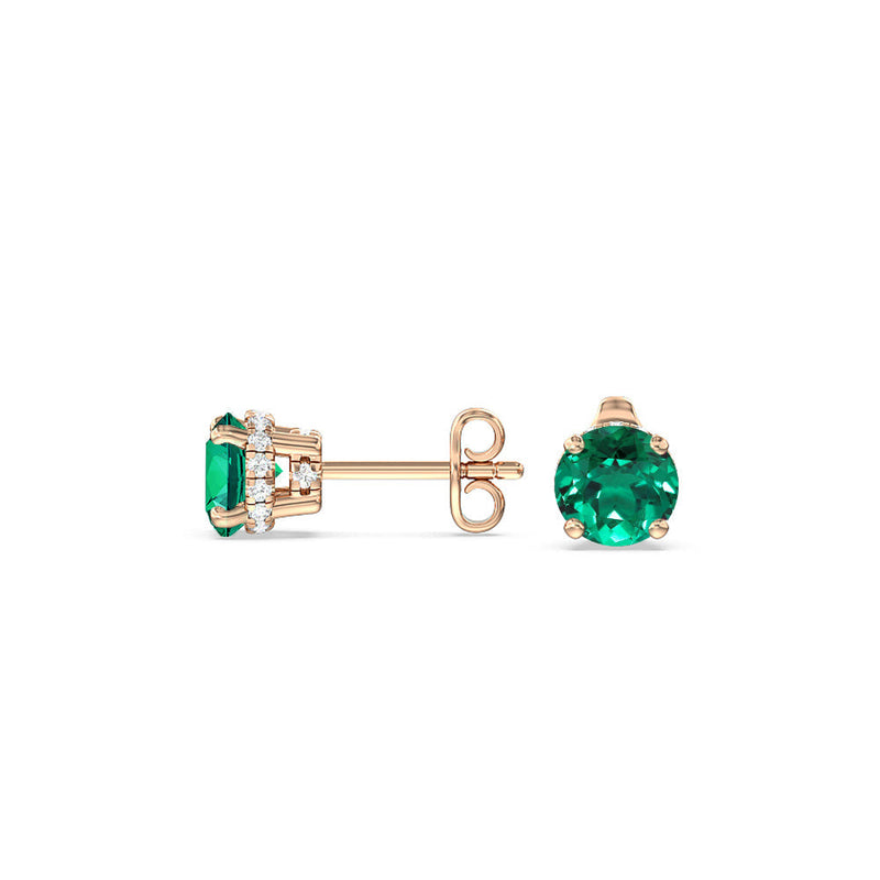 Round Shape Created Emerald and Lab Diamond Classic Solitaire Under-Halo Earrings