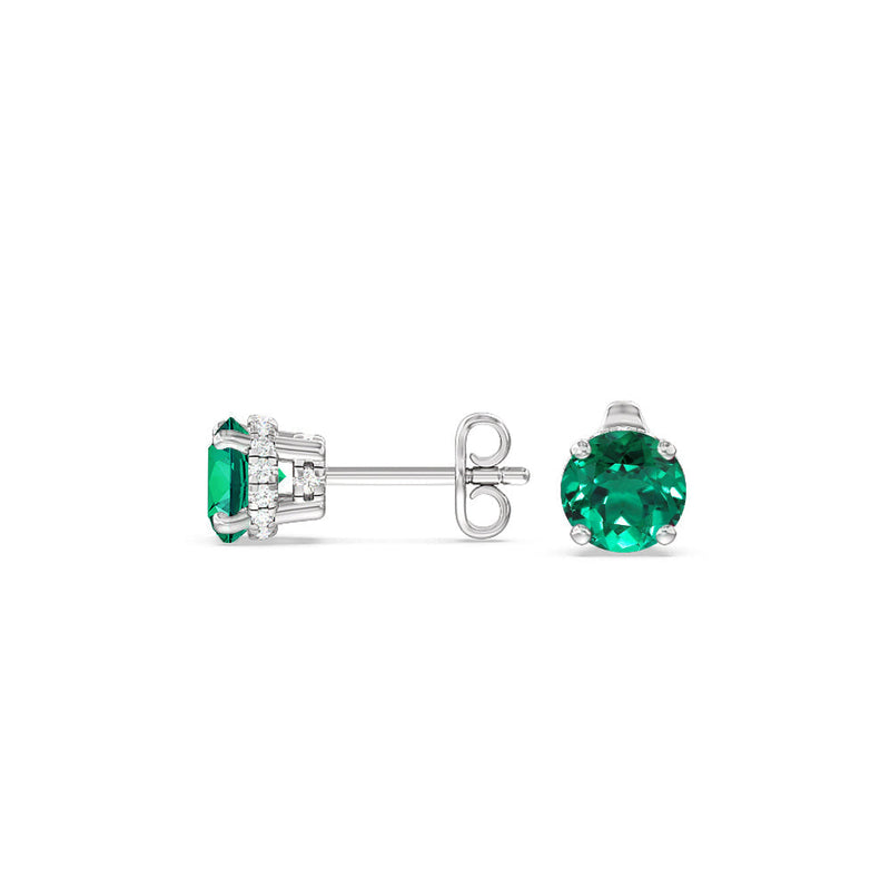 Round Shape Created Emerald and Lab Diamond Classic Solitaire Under-Halo Earrings