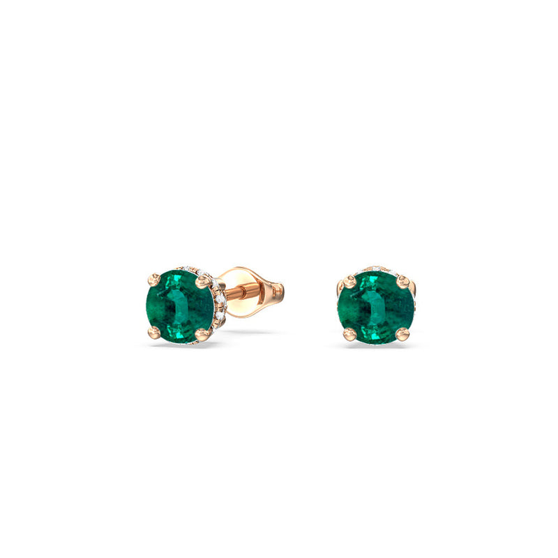Round Shape Emerald and Lab Diamond Classic Solitaire Under-Halo Earrings