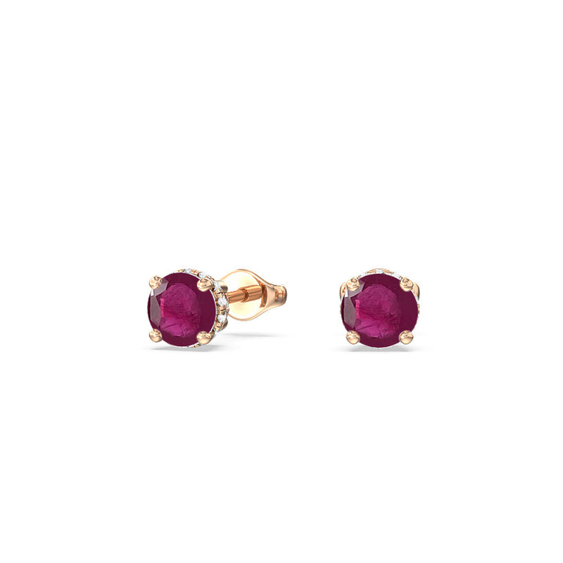 Round Ruby and Lab Diamond Classic Solitaire Under-Halo Earrings