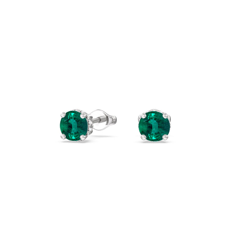 Round Shape Emerald and Lab Diamond Classic Solitaire Under-Halo Earrings