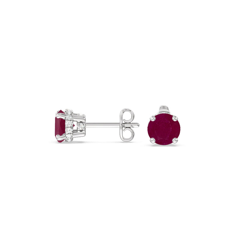 Round Ruby and Lab Diamond Classic Solitaire Under-Halo Earrings