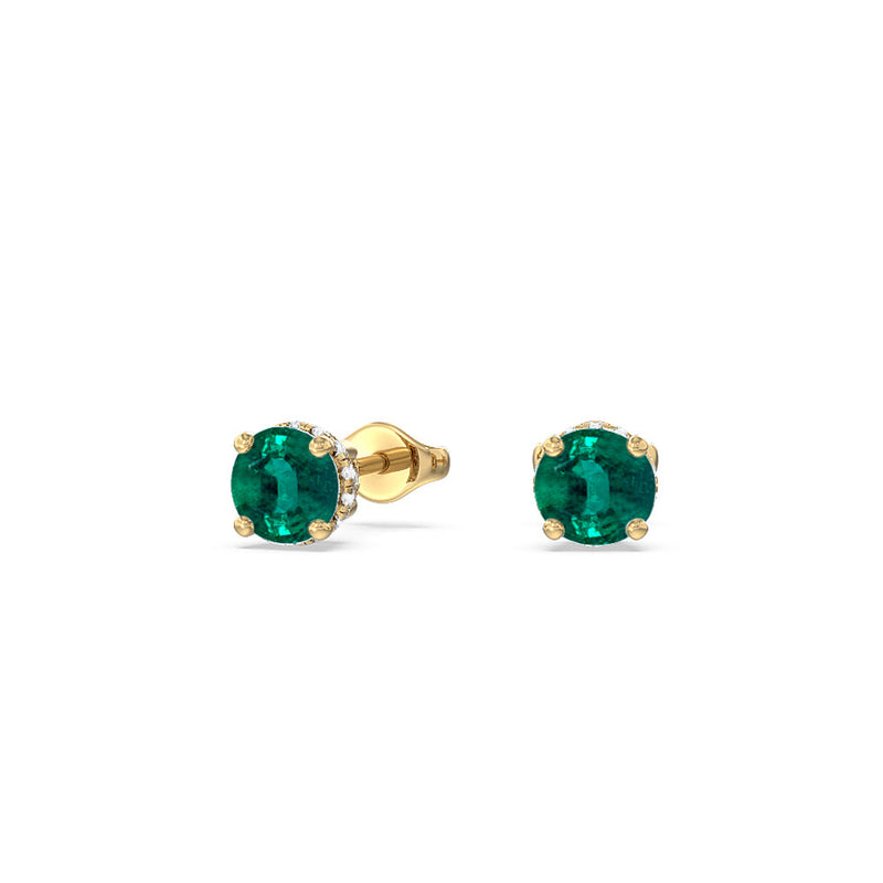 Round Shape Emerald and Lab Diamond Classic Solitaire Under-Halo Earrings