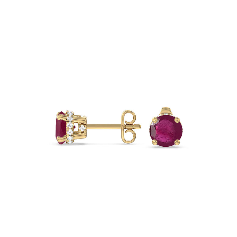 Round Ruby and Lab Diamond Classic Solitaire Under-Halo Earrings