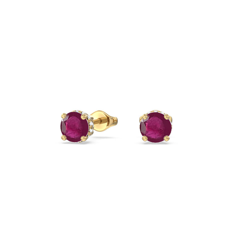 Round Ruby and Lab Diamond Classic Solitaire Under-Halo Earrings