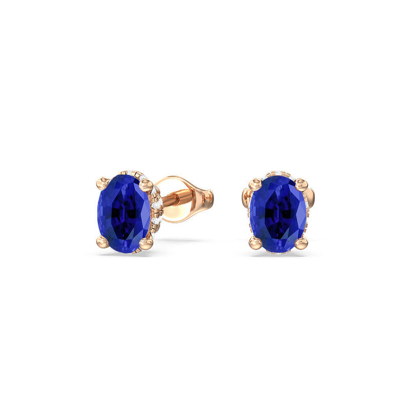 Oval Created Sapphire and Lab Diamond Classic Solitaire Under-Halo Earrings