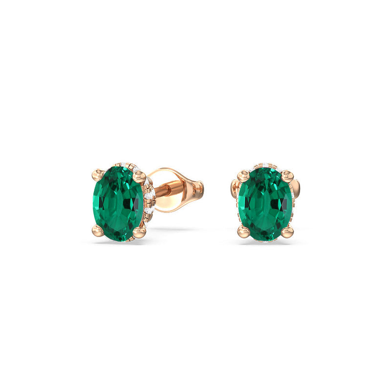 Oval Shape Created Emerald and Lab Diamond Classic Solitaire Under-Halo Earrings