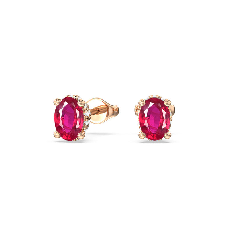 Oval Created Ruby and Lab Diamond Classic Solitaire Under-Halo Earrings