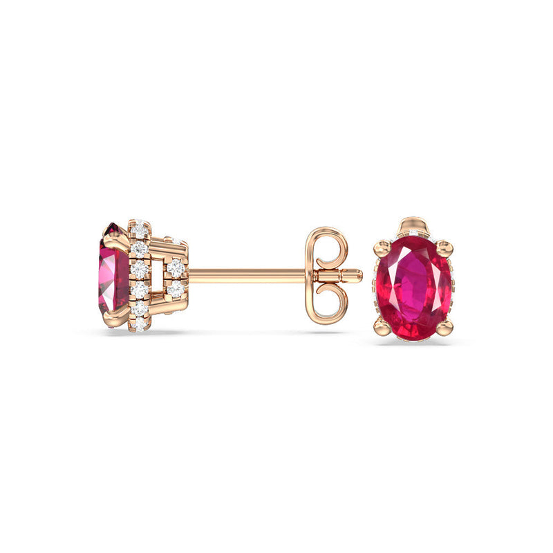 Oval Created Ruby and Lab Diamond Classic Solitaire Under-Halo Earrings