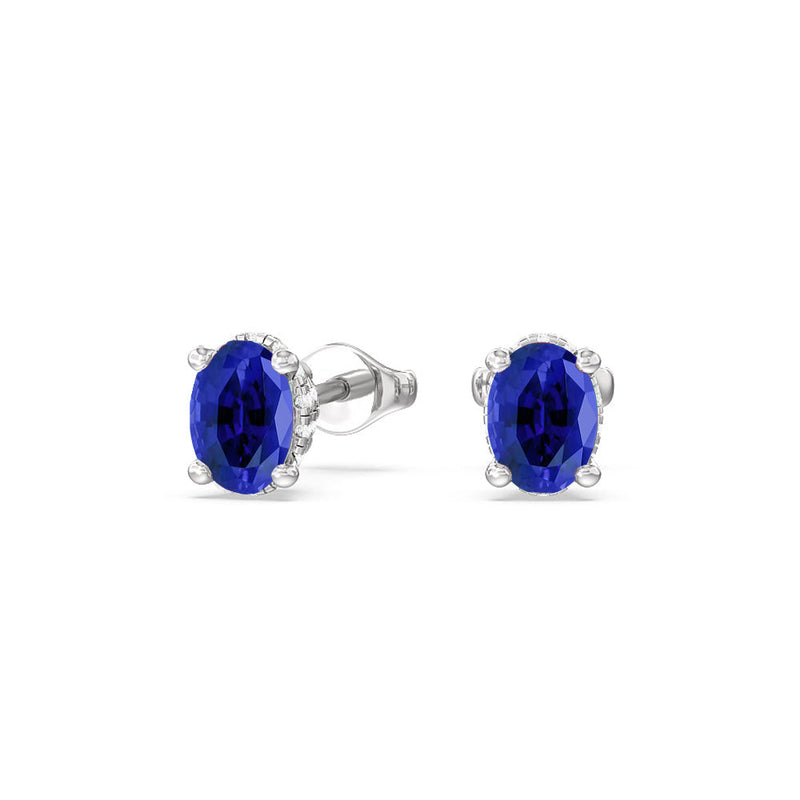 Oval Created Sapphire and Lab Diamond Classic Solitaire Under-Halo Earrings