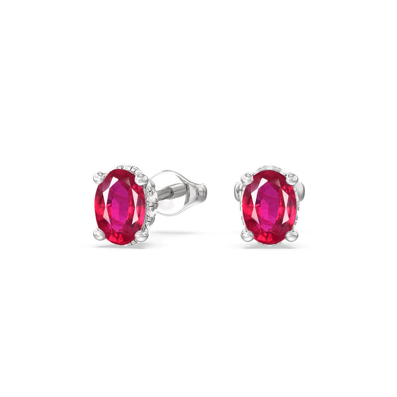 Oval Created Ruby and Lab Diamond Classic Solitaire Under-Halo Earrings