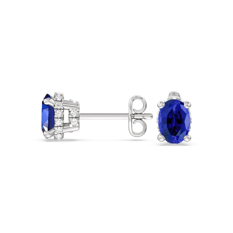 Oval Created Sapphire and Lab Diamond Classic Solitaire Under-Halo Earrings