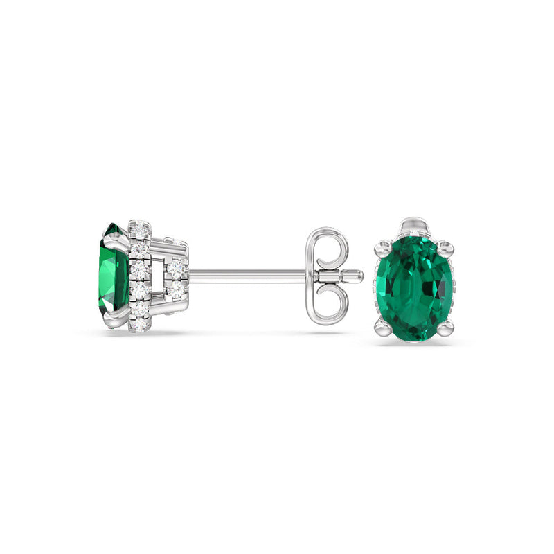Oval Shape Created Emerald and Lab Diamond Classic Solitaire Under-Halo Earrings