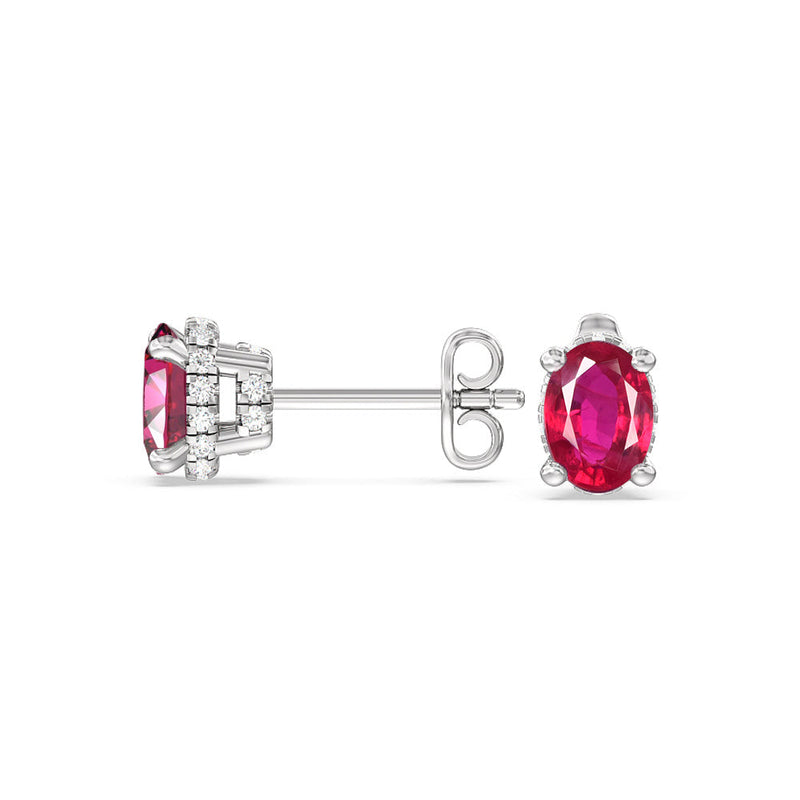 Oval Created Ruby and Lab Diamond Classic Solitaire Under-Halo Earrings