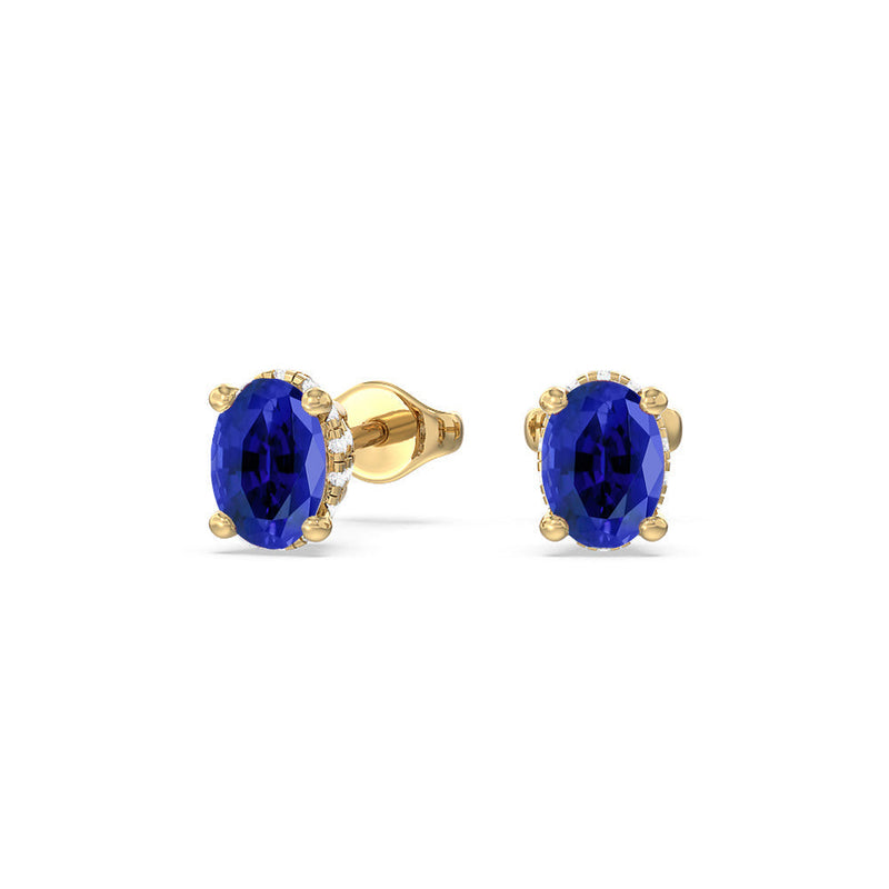Oval Created Sapphire and Lab Diamond Classic Solitaire Under-Halo Earrings