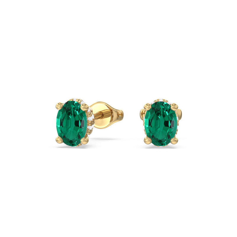 Oval Shape Created Emerald and Lab Diamond Classic Solitaire Under-Halo Earrings
