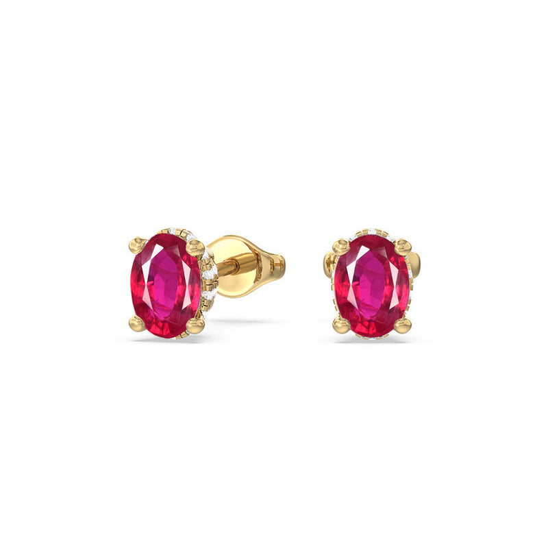 Oval Created Ruby and Lab Diamond Classic Solitaire Under-Halo Earrings