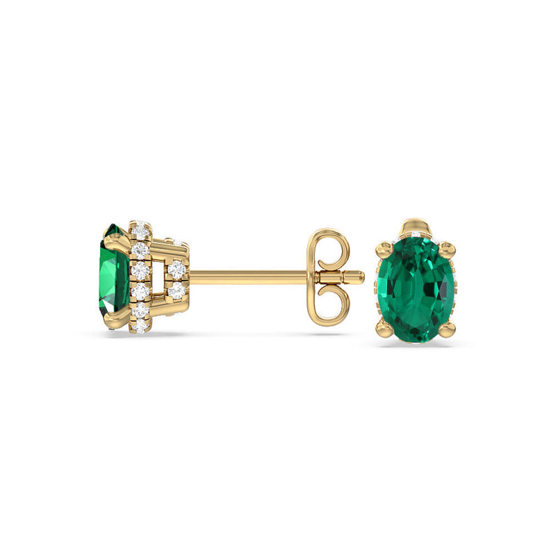 Oval Shape Created Emerald and Lab Diamond Classic Solitaire Under-Halo Earrings