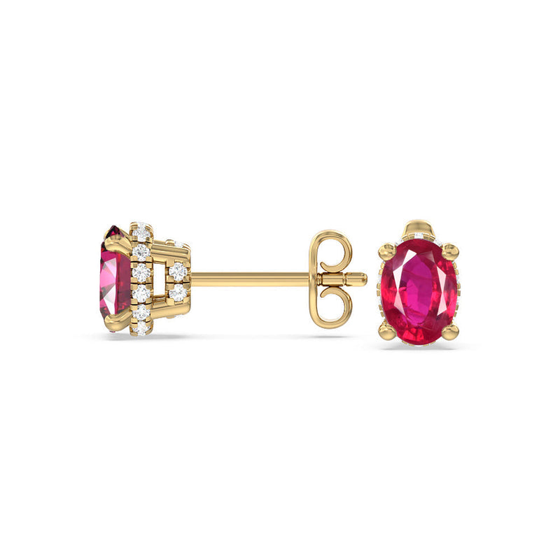 Oval Created Ruby and Lab Diamond Classic Solitaire Under-Halo Earrings