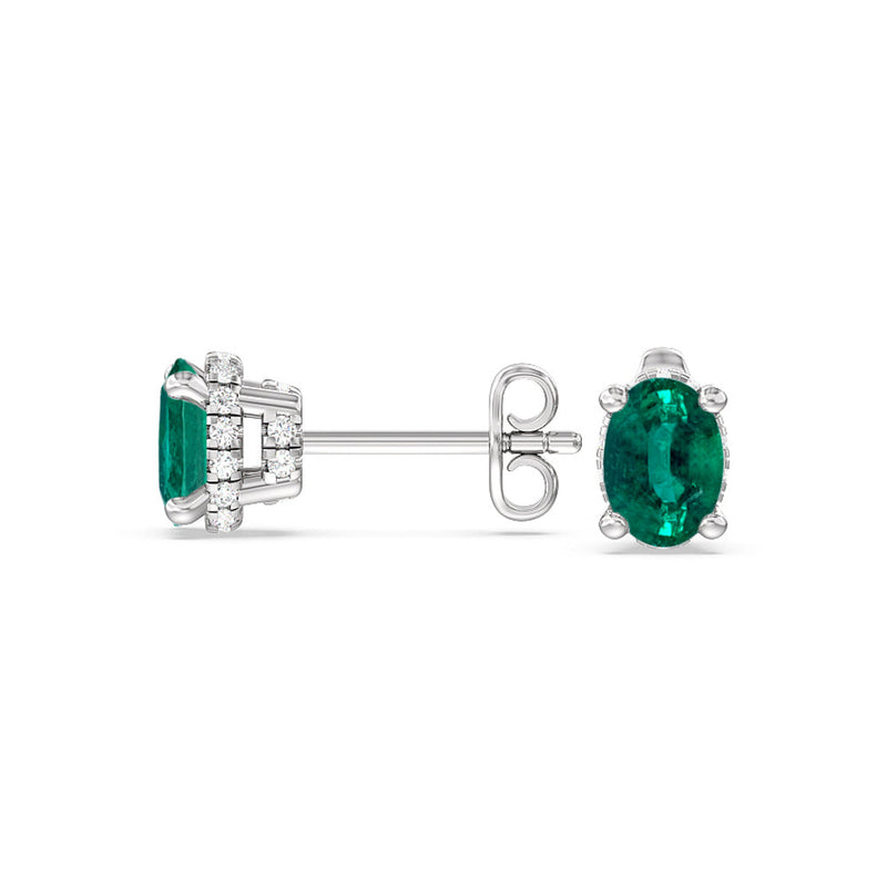 Oval Shape Emerald and Lab Diamond Classic Solitaire Under-Halo Earrings