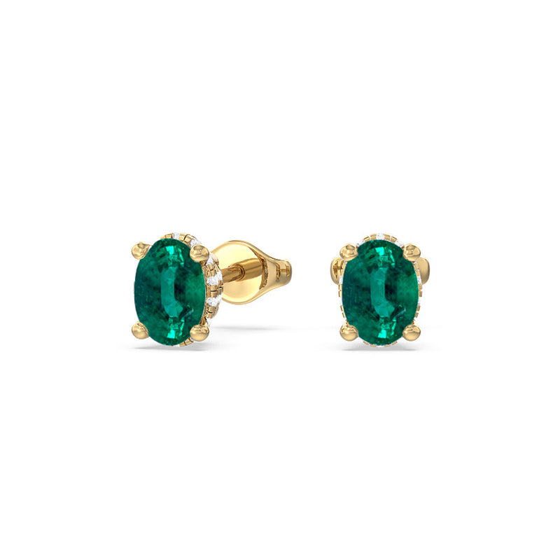 Oval Shape Emerald and Lab Diamond Classic Solitaire Under-Halo Earrings