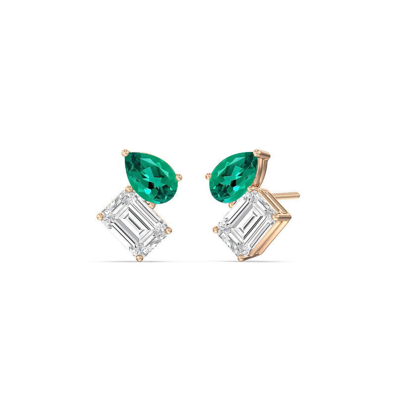 Toi et Moi Created Emerald Pear and Emerald Shape Diamond Stud Earrings