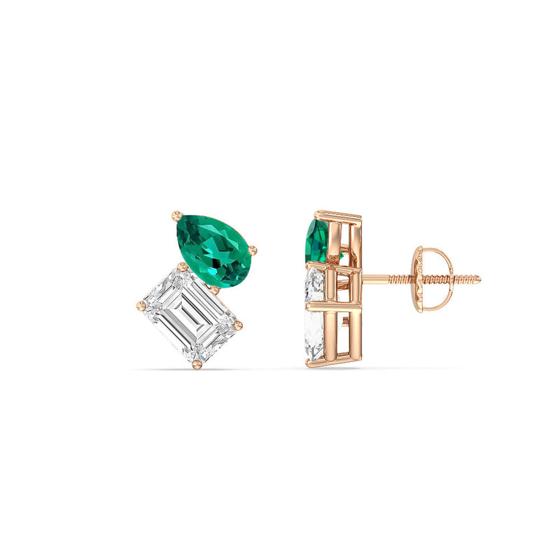 Toi et Moi Created Emerald Pear and Emerald Shape Diamond Stud Earrings