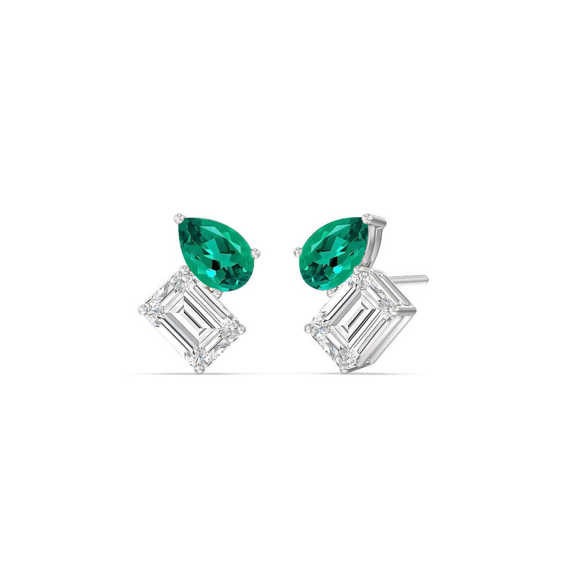 Toi et Moi Created Emerald Pear and Emerald Shape Diamond Stud Earrings