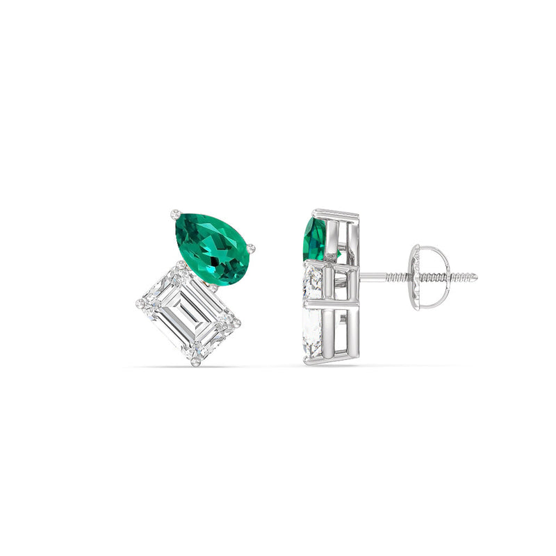 Toi et Moi Created Emerald Pear and Emerald Shape Diamond Stud Earrings