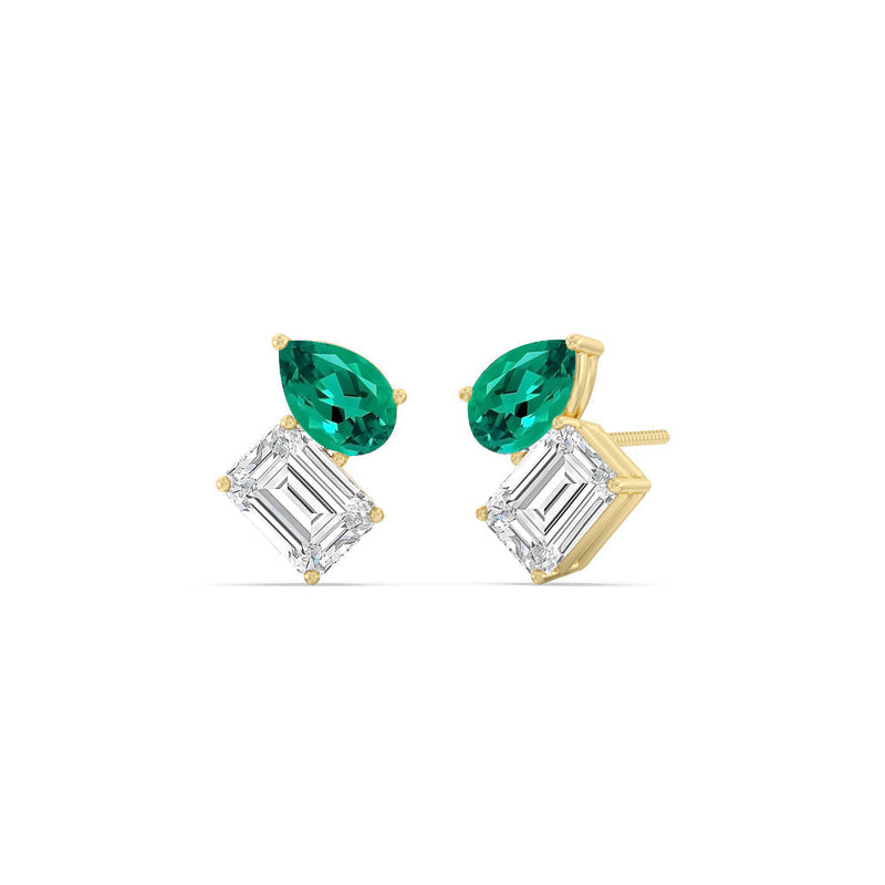Toi et Moi Created Emerald Pear and Emerald Shape Diamond Stud Earrings