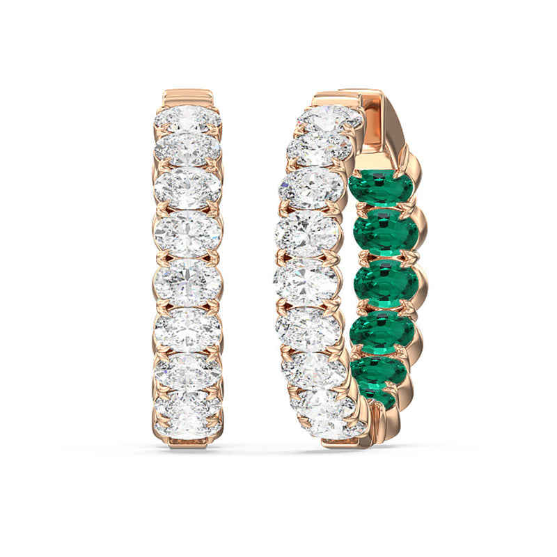 Inside-Out Oval Shape Diamond and Created Emerald Hoop Earring