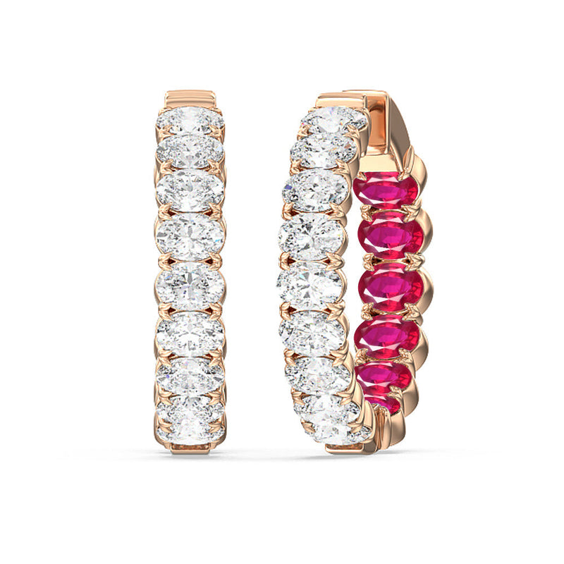 Inside-Out Oval Shape Diamond and Created Ruby Hoop Earring