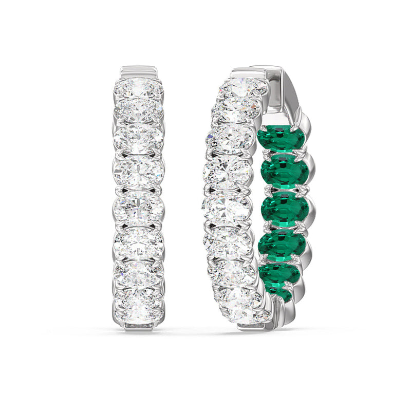 Inside-Out Oval Shape Diamond and Created Emerald Hoop Earring