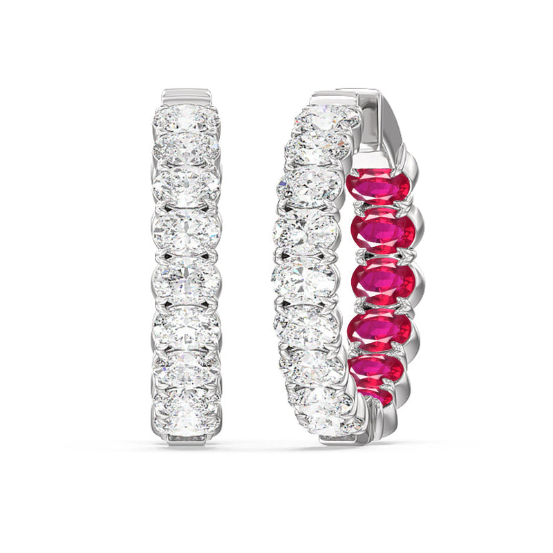 Inside-Out Oval Shape Diamond and Created Ruby Hoop Earring