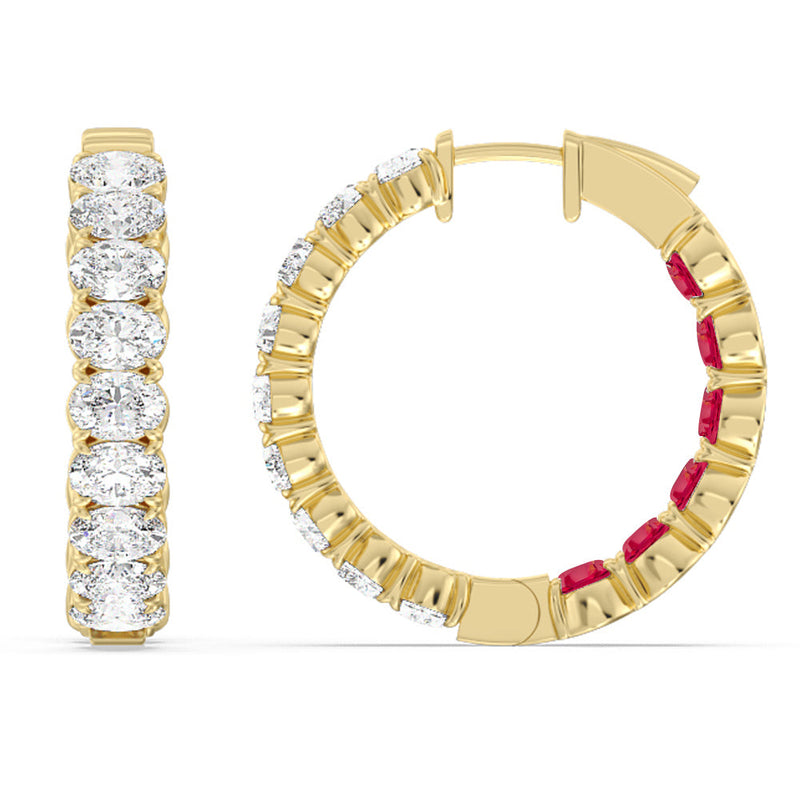 Inside-Out Oval Shape Diamond and Created Ruby Hoop Earring