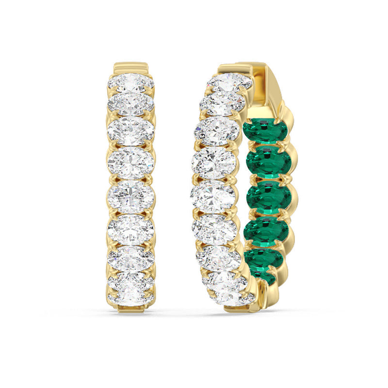 Inside-Out Oval Shape Diamond and Created Emerald Hoop Earring