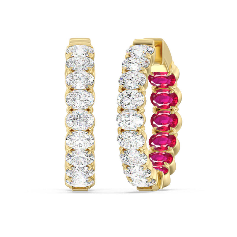 Inside-Out Oval Shape Diamond and Created Ruby Hoop Earring